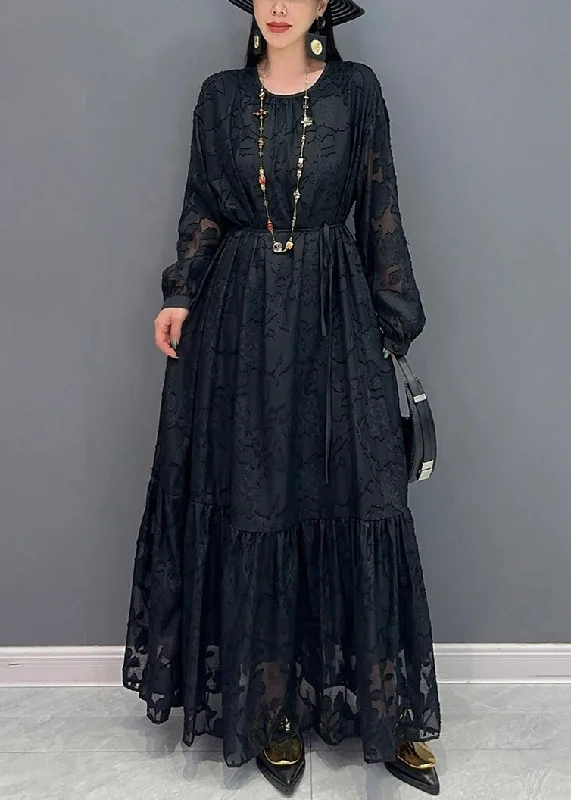 Black Tie Waist Long Dress O Neck Long Sleeve