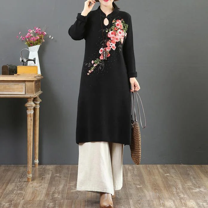 Knitted stand collar Sweater embroidery dress Largo black slim Hipster knitwear