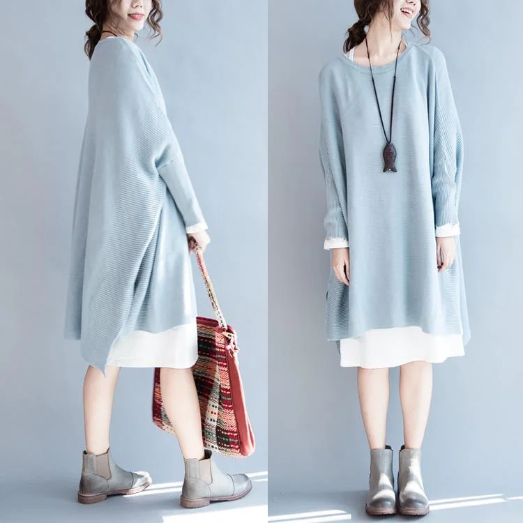 Light blue linen baggy sweater dresses cotton knit sweaters