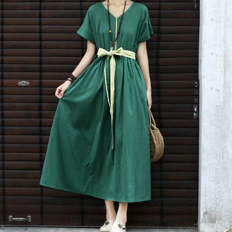 Linen Contrast Color Waist Loose Dress