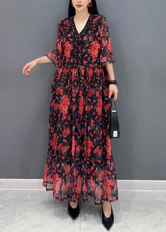 Red Ruffled Patchwork Tie Waist Chiffon Long Dress Half Sleeve