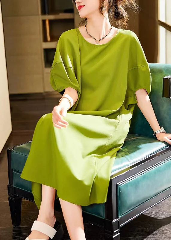 Simple Green O-Neck Patchwork Long Dress Short Sleeve