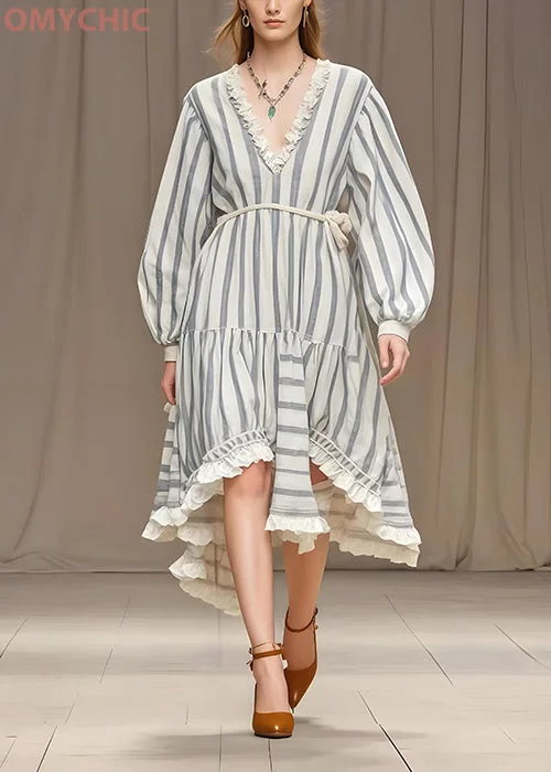 Simple White Ruffled Striped Silk Velvet Long Dresses Spring