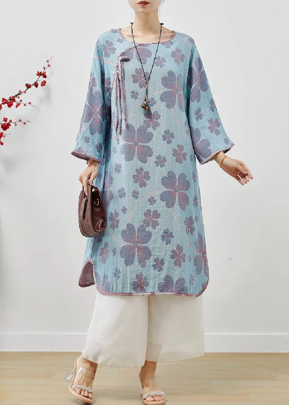 Vintage Blue Oversized Print Cotton Long Dresses Spring