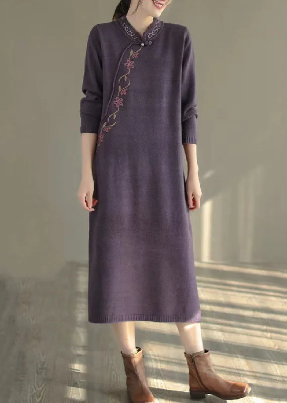 Women Purple Stand Collar Embroideried Knit Sweater Dress Winter