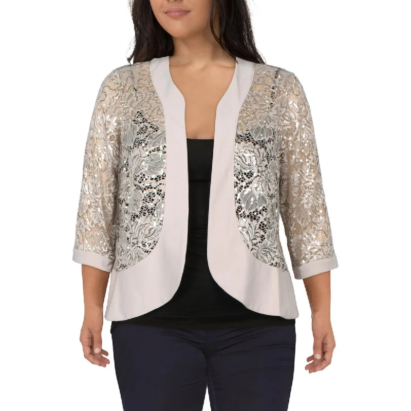 Plus Womens Lace Sequined Open-Front Blazer