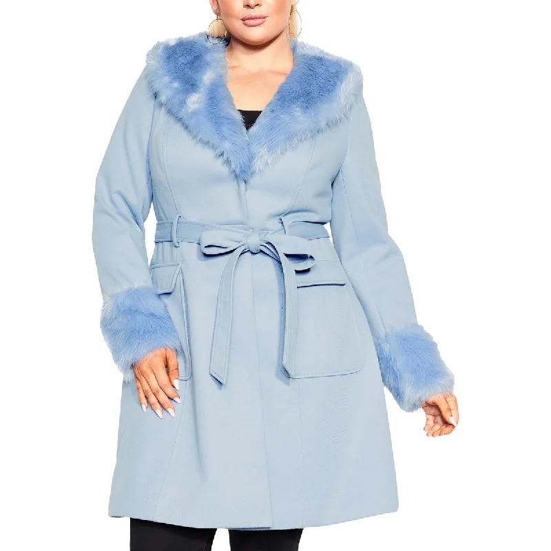 City Chic Womens Plus Faux Fur Trim Cold Weather Long Coat